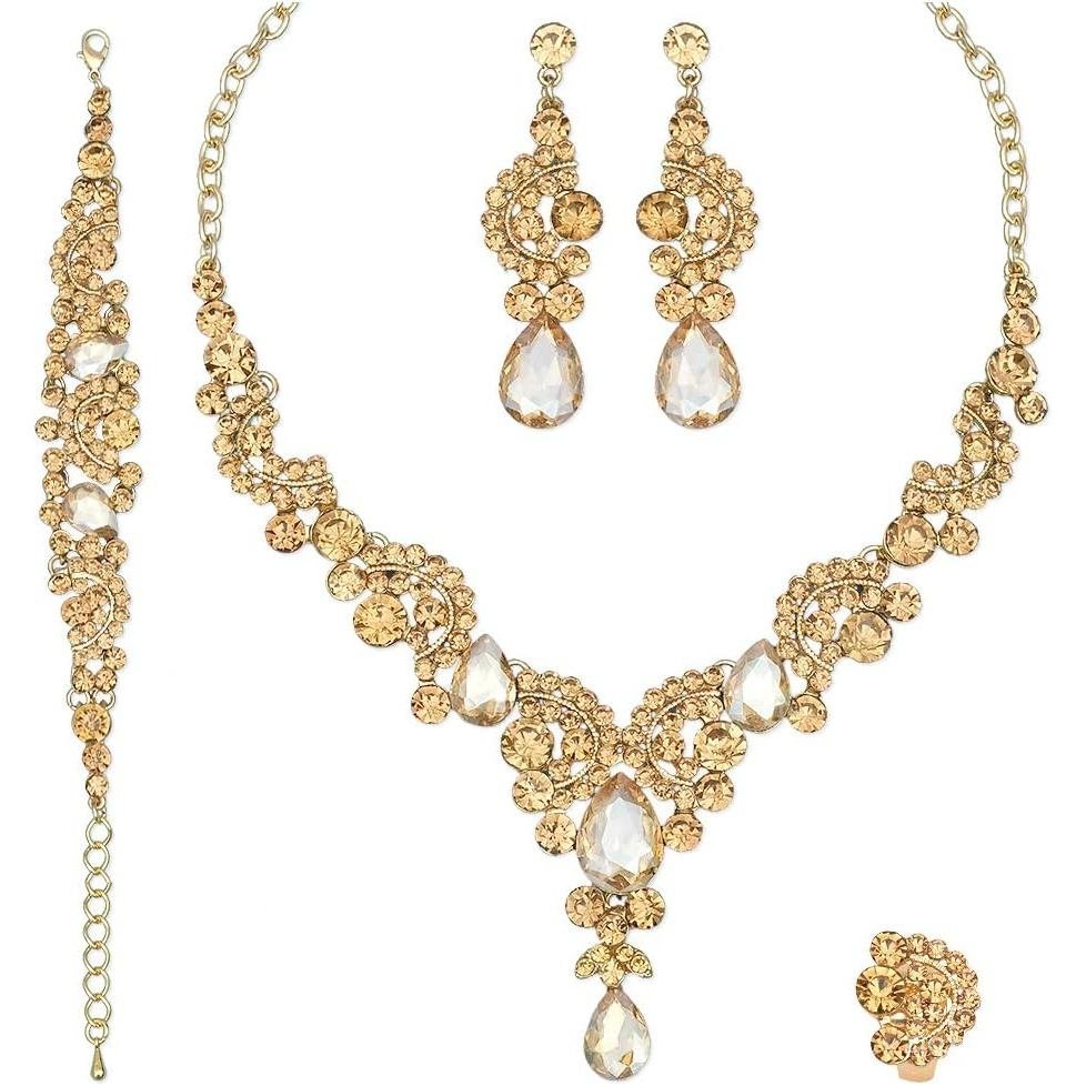 CSY Elegant คริสตัลสร้อยคอต่างหูสร้อยข้อมือแหวนเจ้าสาวงานแต่งงานเครื่องแต่งกายชุดเครื่องประดับสําหรั