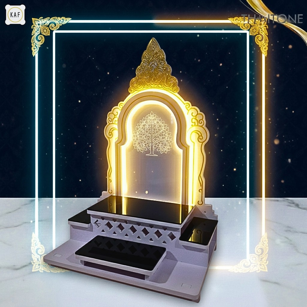 หิ้งพระพิฆเนศโมเดิร์น ไฟ LED ในตัว ตั้งได้–แขวนได้ อะคริลิคดำ ลายมงคลโพธิ์/โอม รุ่น HEAVEN