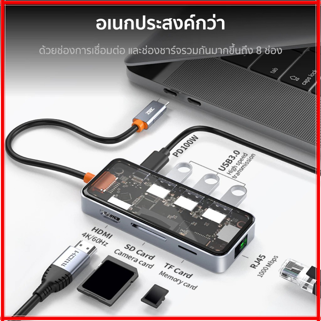 New ฮับ USB C 10 8 in 1 แบบใส สําหรับโน้ตบุ๊ก การ์ดรีดเดอร์ VGA HDMI RJ45 PD 3.0 TF SD - รูปที่ 3