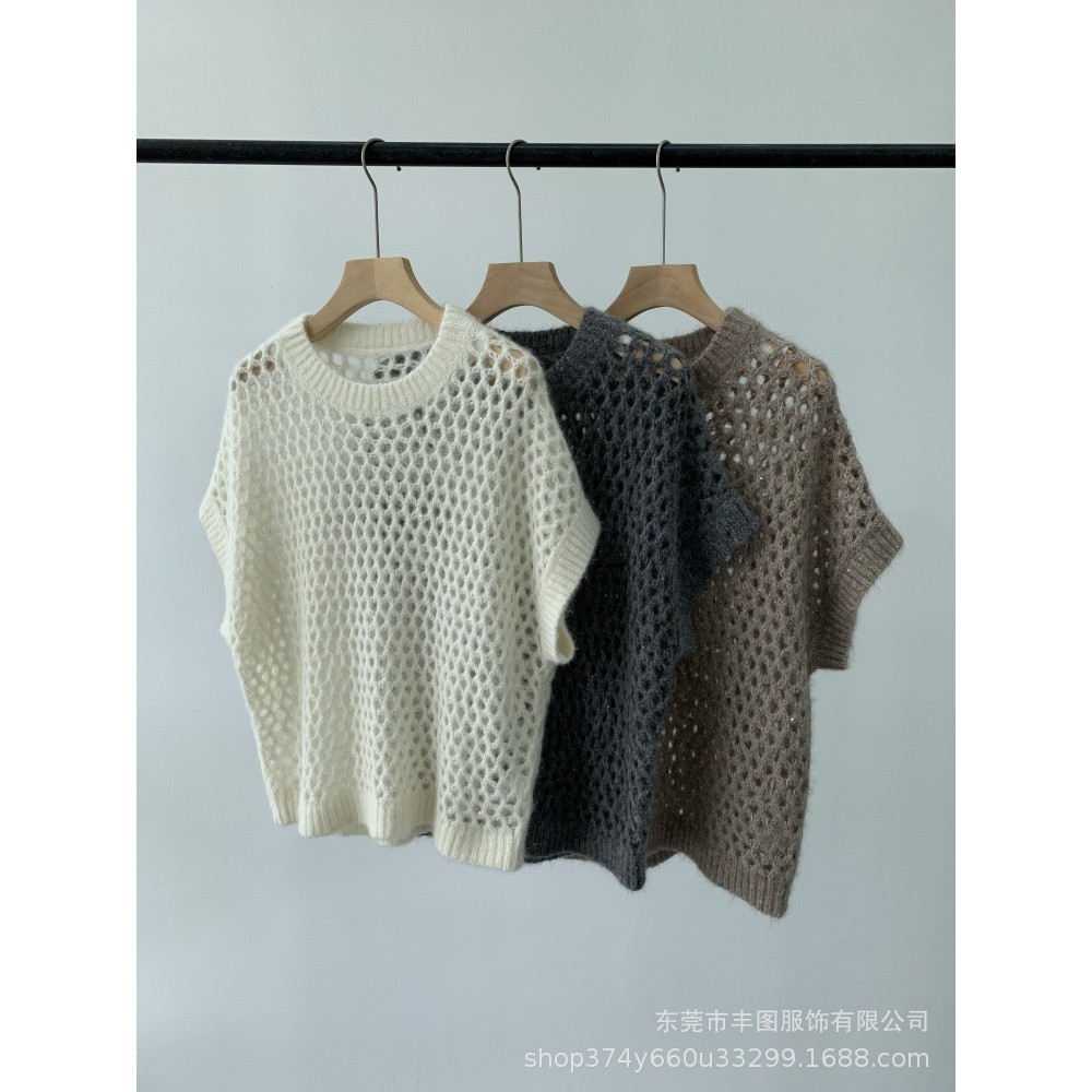 Z4BF Brunello BC New Alpaca Wool Cashmere Sweater Round Neck Drop Shoulder Sleeve Hollow Fashionable