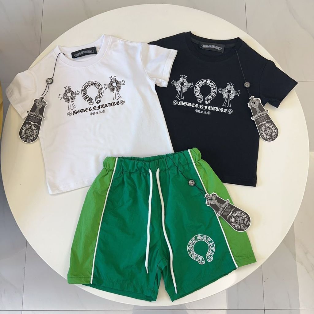 CHROME HEARTS2589 กางเกงขาสั้นแขนสั้นสําหรับเด็กเสื้อผ้าเด็กลําลองทุกการแข่งขัน