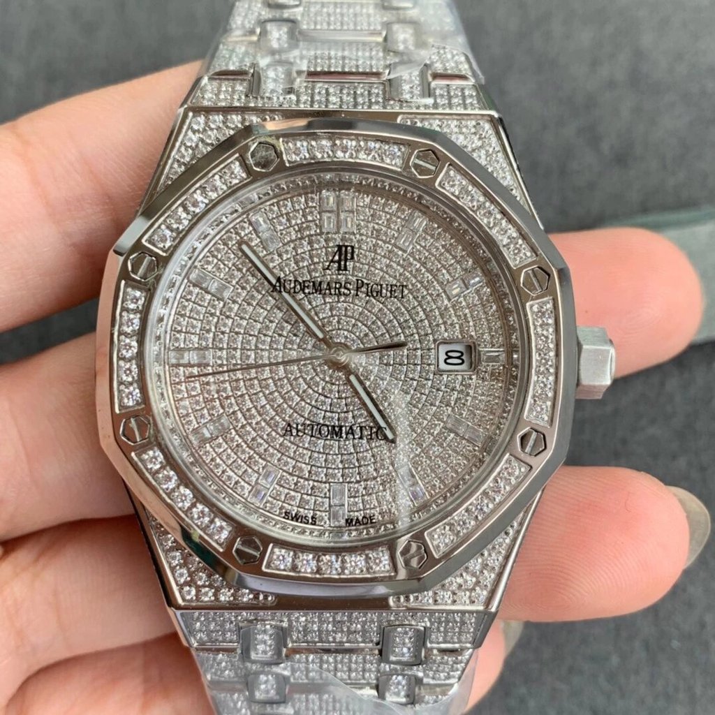 TZ Aibi Royal Oak Series 15452 นาฬิกาเพชร Gypsophila ผู้ชายฝังด้วยมือมากกว่า 1,000 มอยซาไนต์ พร้อมกา