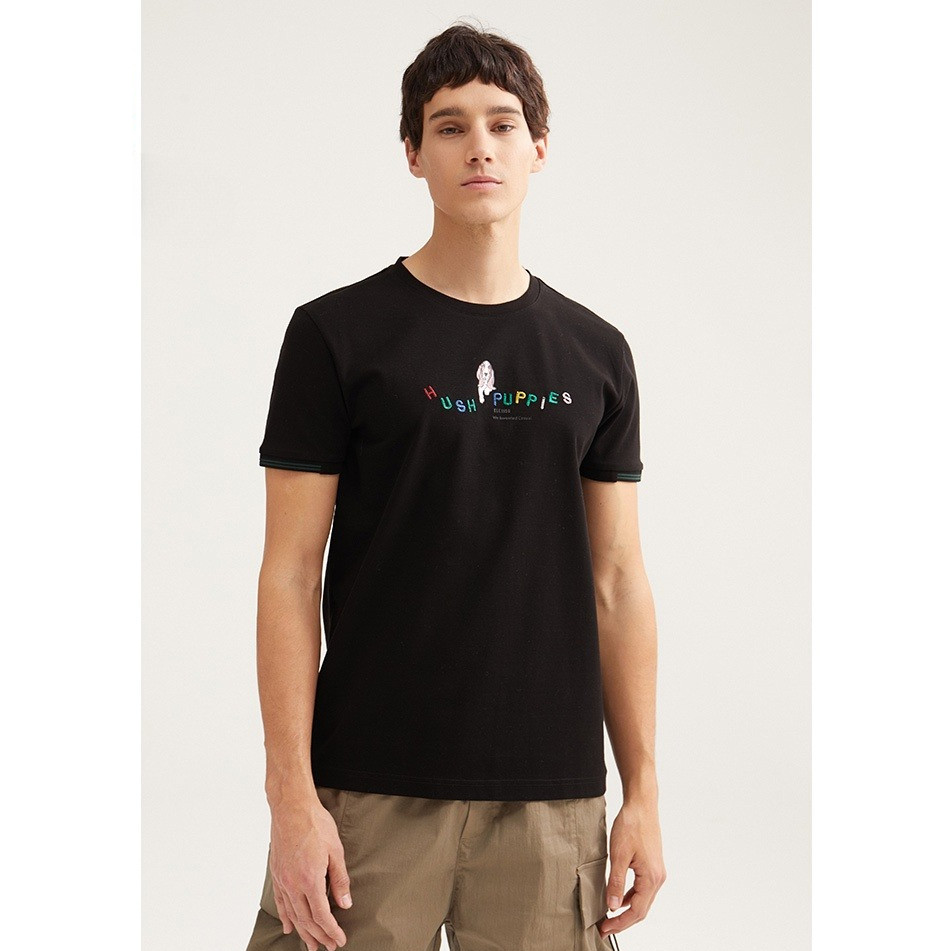 เสื้อยืดแขนสั้นคอกลม Hush Puppy ผ้าฝ้าย 100% พิมพ์ลายทันสมัยสำหรับผู้ชาย