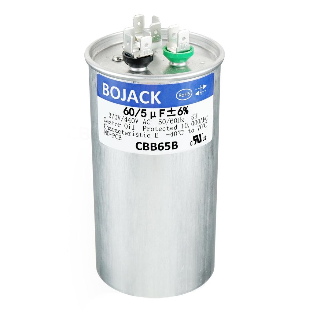 BOJACK 60+5uF 60/5MFD ±6% 370V/440V CBB65 Dual Run Circular Start Capacitor สําหรับ AC มอเตอร์ Run ห