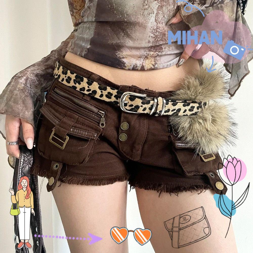 MIHAN เข็มขัดหนัง PU, ตุ๊กตาเสือดาว Punk Fur เข็มขัด, Faux Fur Patchwork โลหะ Studded Y2K เข็มขัดเอวเอวอุปกรณ์เสริม