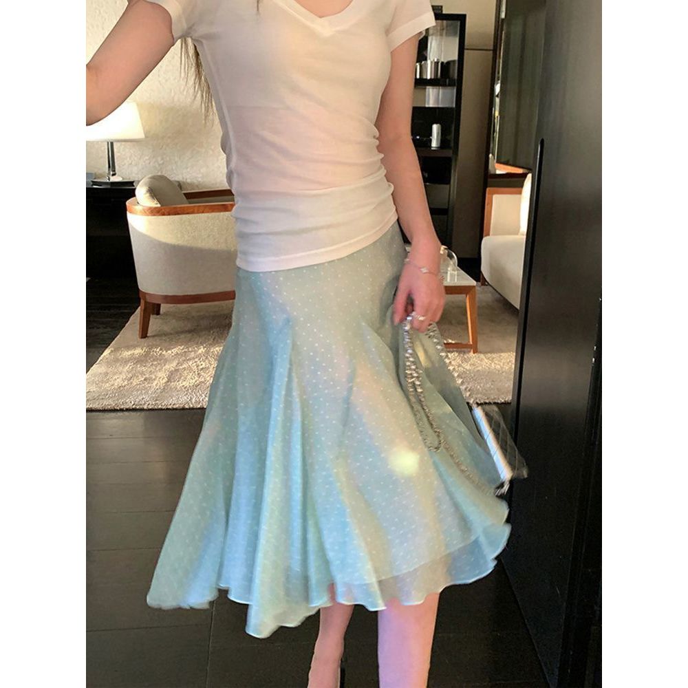 สีเขียวมิ้นต์ลายจุดชีฟอง Midi กระโปรงฤดูร้อนเอวสูง Flowy A-Line กระโปรง Elegant Casual สไตล์เกาหลี