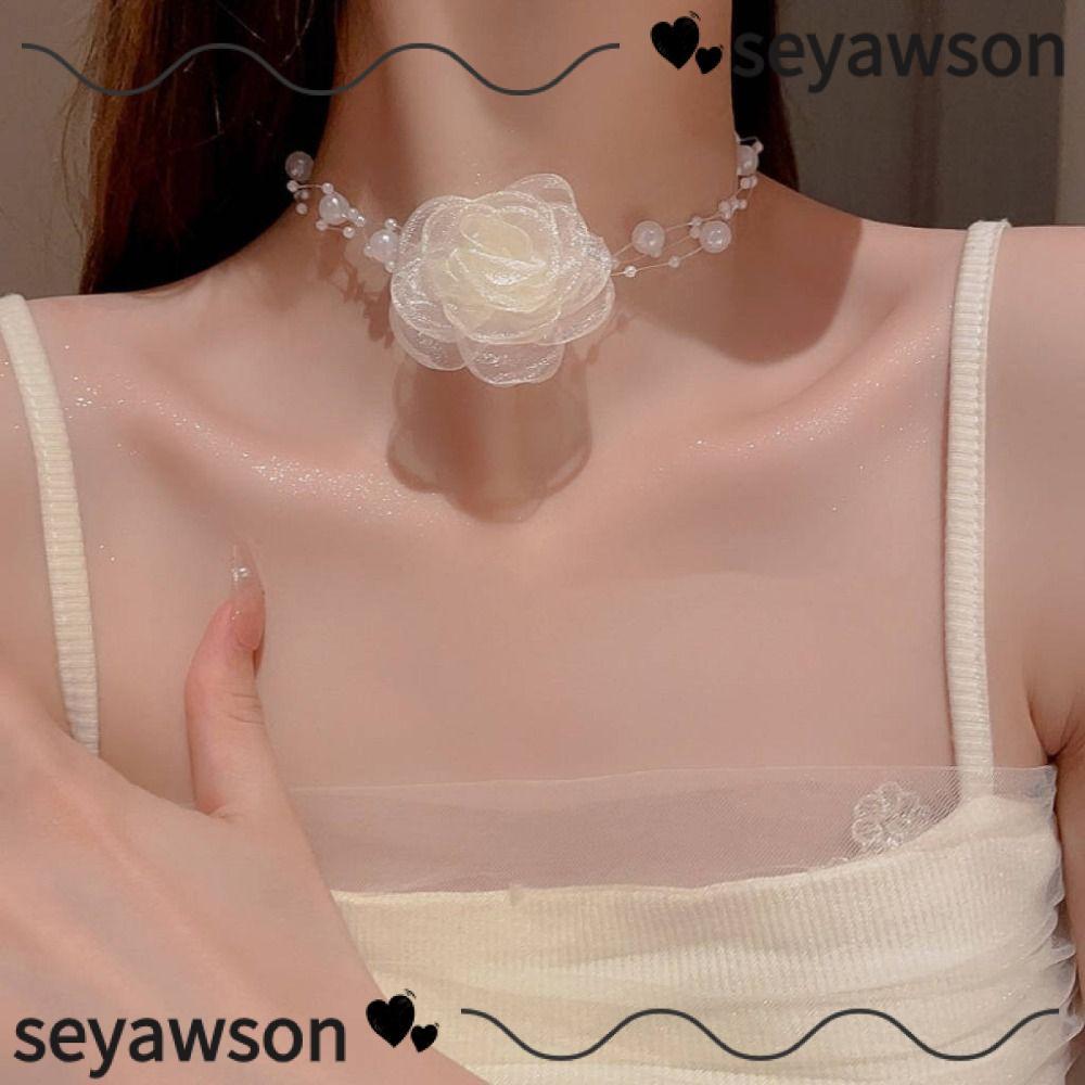SEYAWSON Rose สร้อยคอChoker, ปรับสีดําสีขาว Rose ดอกไม้ Choker, Vintage Gauze คออุปกรณ์เสริมไข่มุก C