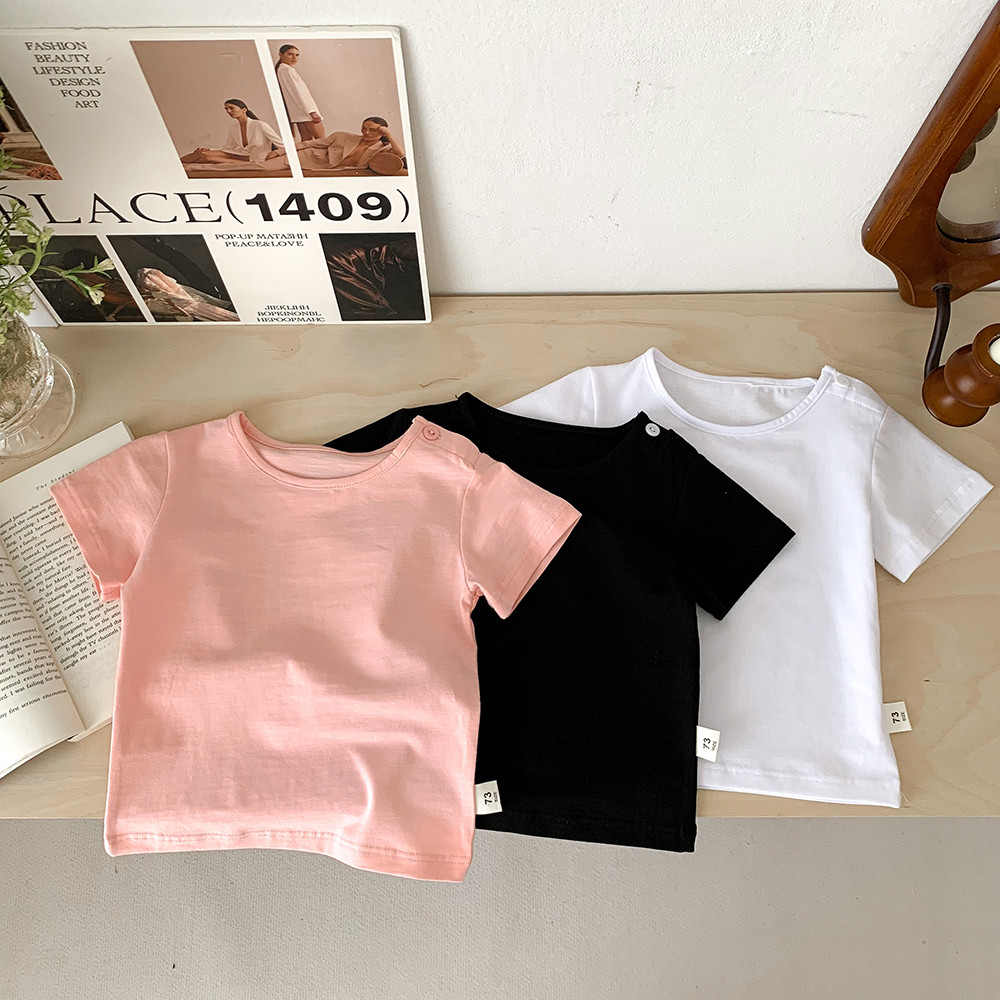 เสื้อยืดแขนสั้นเด็กฤดูร้อนบางสไตล์ชายหญิงเด็กสีทึบด้านบนผ้าฝ้ายแท้ครึ่งแขนเสื้อผ้าเด็กฤดูร้อนเสื้อผ้าคลาส ก อินเทรนด์