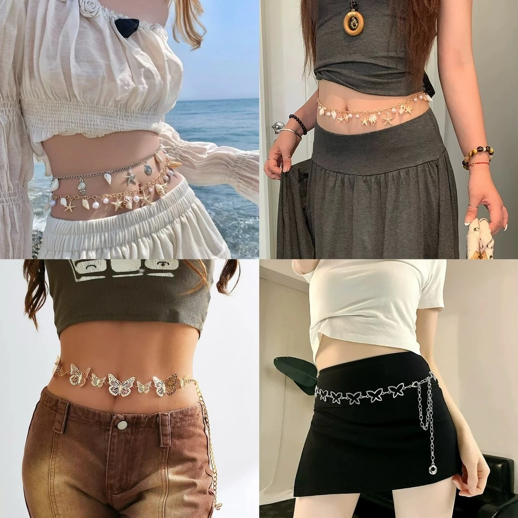 MKL สายคล้องเอว โซ่คล้องเอวโลหะแฟชั่นคละรูปเปลือกหอย/ดาว/ผีเสื้อ/ไข่มุก พร้อมส่งจากไทย#F24-1