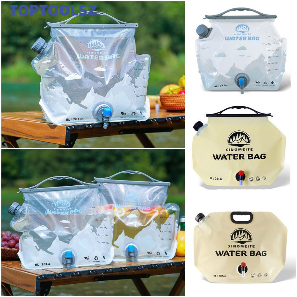 TOPTOOLS Camping ถุงน้ํา, 8L พร้อมก๊อกน้ําน้ําคอนเทนเนอร์, Creative โปร่งใสสีกากีจัดเก็บ Carrier ออกแบบพับพับเก็บน้ํา Camping