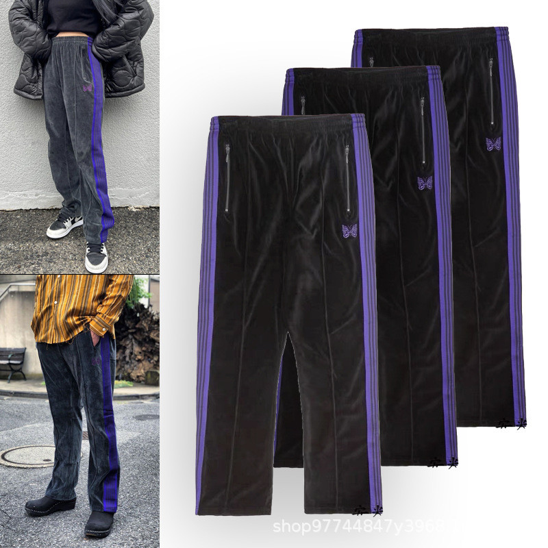 Needles track NARROWTRACKPANT Striped Ribbon Butterfly Embroidery Velvet Sweatpants Casual Trousers