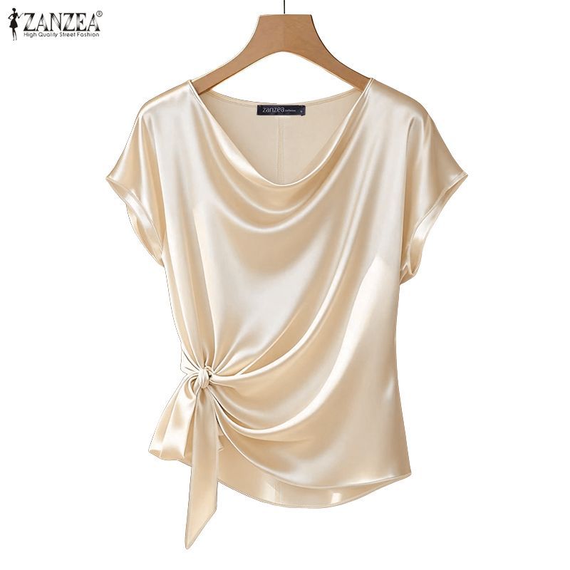 Zanzea ผู้หญิงเกาหลีสันทนาการซาติน Draped คอไม่สม่ําเสมอ Hem Twisted Knot เสื้อยืดแขนสั้น Presale