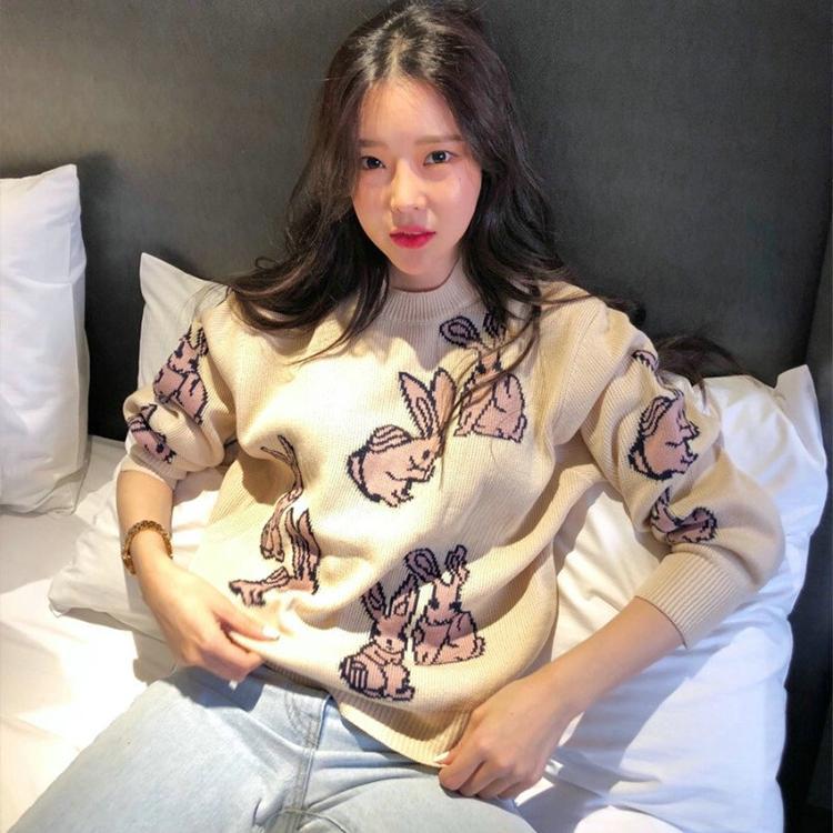 เสื้อแขนยาวไหมพรม เสื้อกันหนาว สเวตเตอร์ ไหมพรม เสื้อแขนยาว แฟชั่นเกาหลี รุ่น กระต่ายคู่