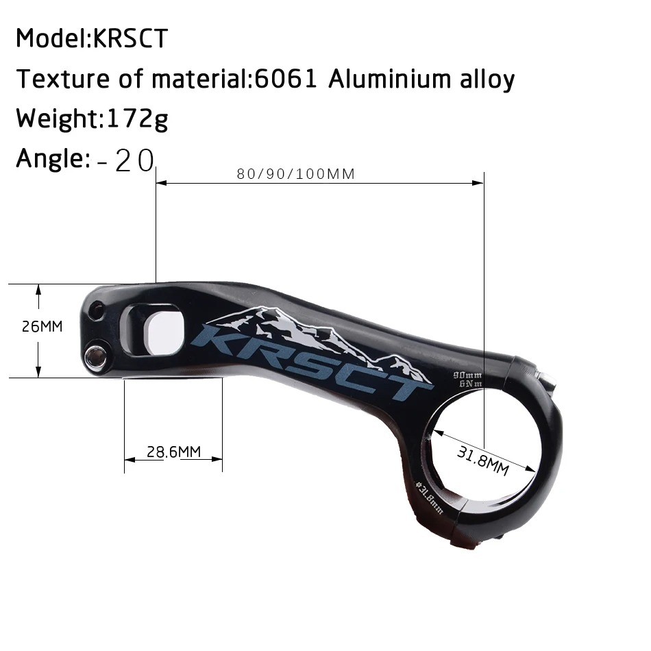 KRSCT ใหม่ CNC Road Bike Trunk Mountain MTB stem -20 องศา 28.6 * 31.8 มม. 80/90 / 100 มม.B