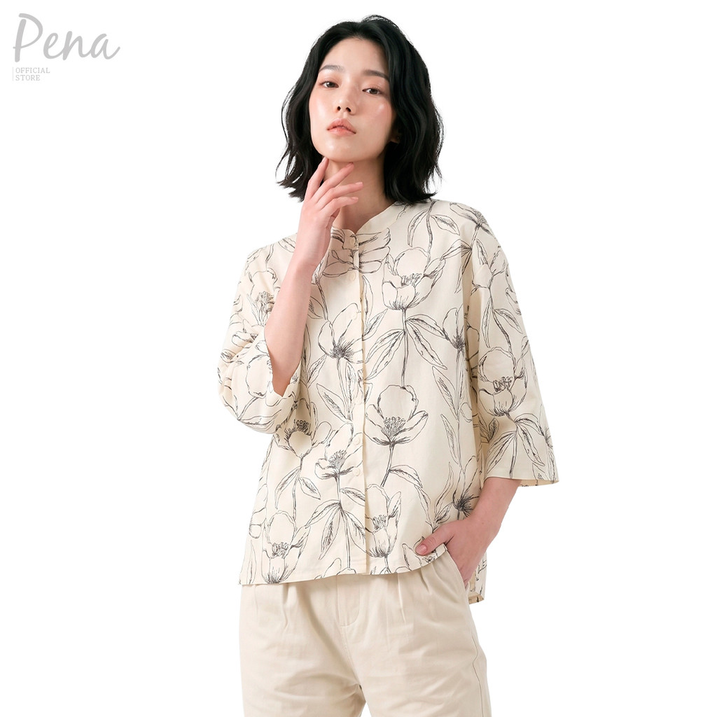 By Pena เสื้อเชิ้ตคอจีนแขน 3 ส่วน ลายพิมพ์คลาสสิกอาร์ต (รุ่น BPSL052602)