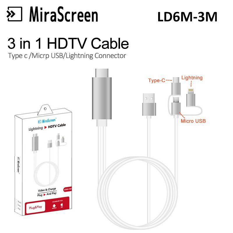 The JBK Shop 789 สายสมาร์ทโฟน HDMI TV 3in1 Type-C, Micro USB, Lightning to HDMI TV*LD6M-3m.