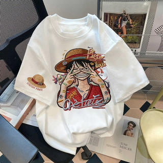 SmarTee Korean Retro Luffy Print Oversized Loose White Short-Sleeve T-Shirt for Women