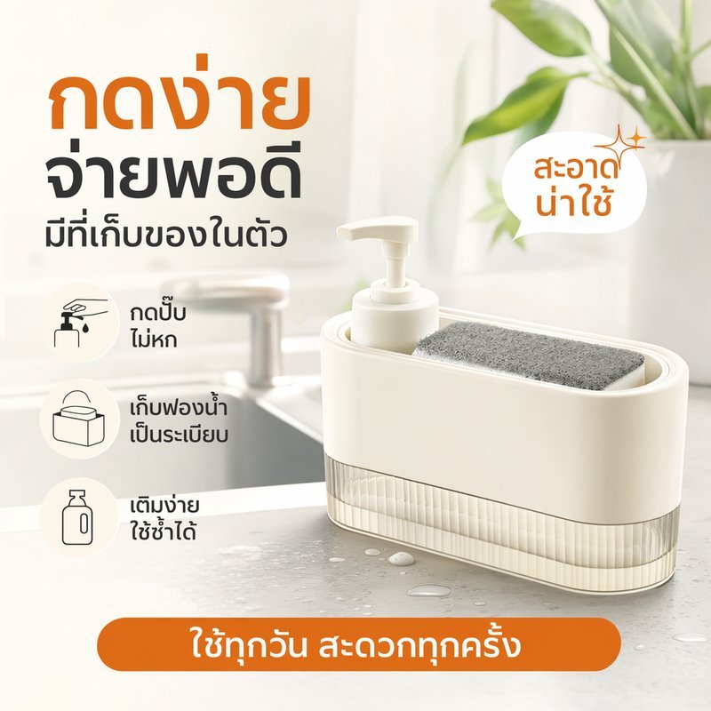ขวดกดน้ำยาล้างจาน ขวดปั๊มสบู่เหลว กล่องเก็บฟองน้ำ กันรั่ว กันฝุ่น กันชื้น ขวดใส่สบู่ล้างมือ