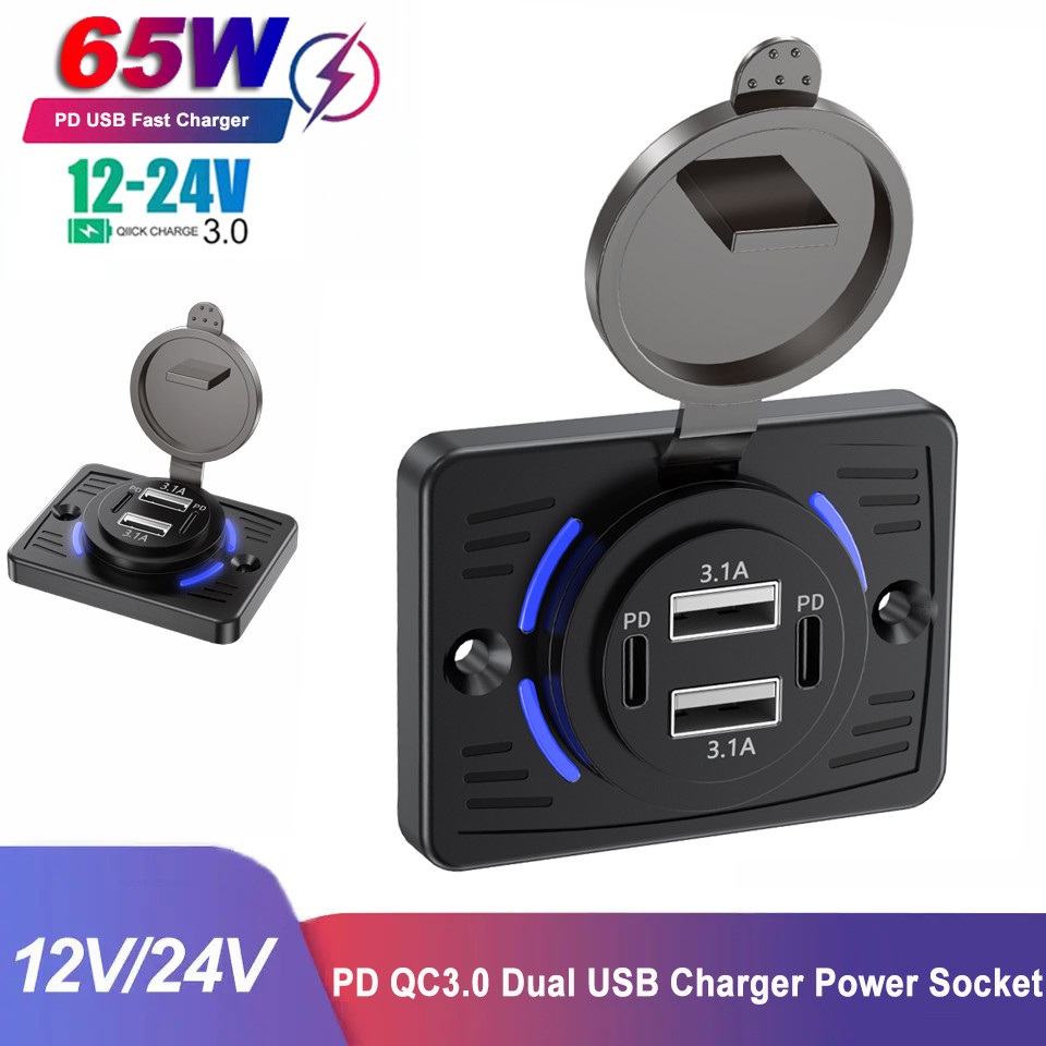 12V/24V Car Charger Socket Dual PD Dual USB Quick Charge พร้อมฝาครอบเลื่อน Outlet แผงอะแดปเตอร์สําหรับรถบรรทุก Camper อุปกรณ์เสริม