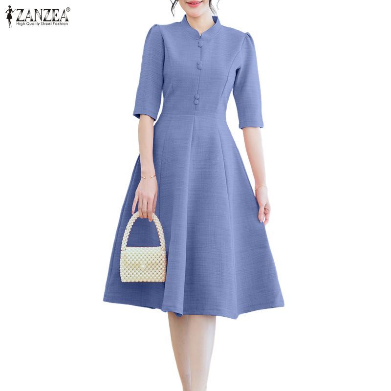ZANZEA ผู้หญิงเกาหลีหรูหราระดับไฮเอนด์ปุ่มแขนกลางตกแต่งชุด A-Swing - รูปที่ 5