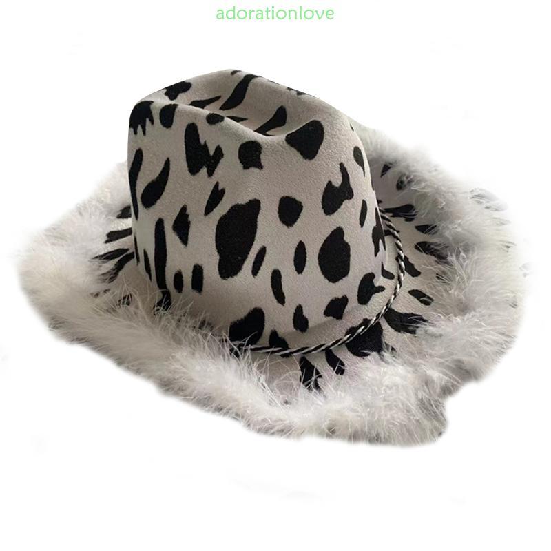 Ador Cow Print Cowgirl Hat Fuzzy Women Bachelorett Performance Cow Print หมวกคาวบอย