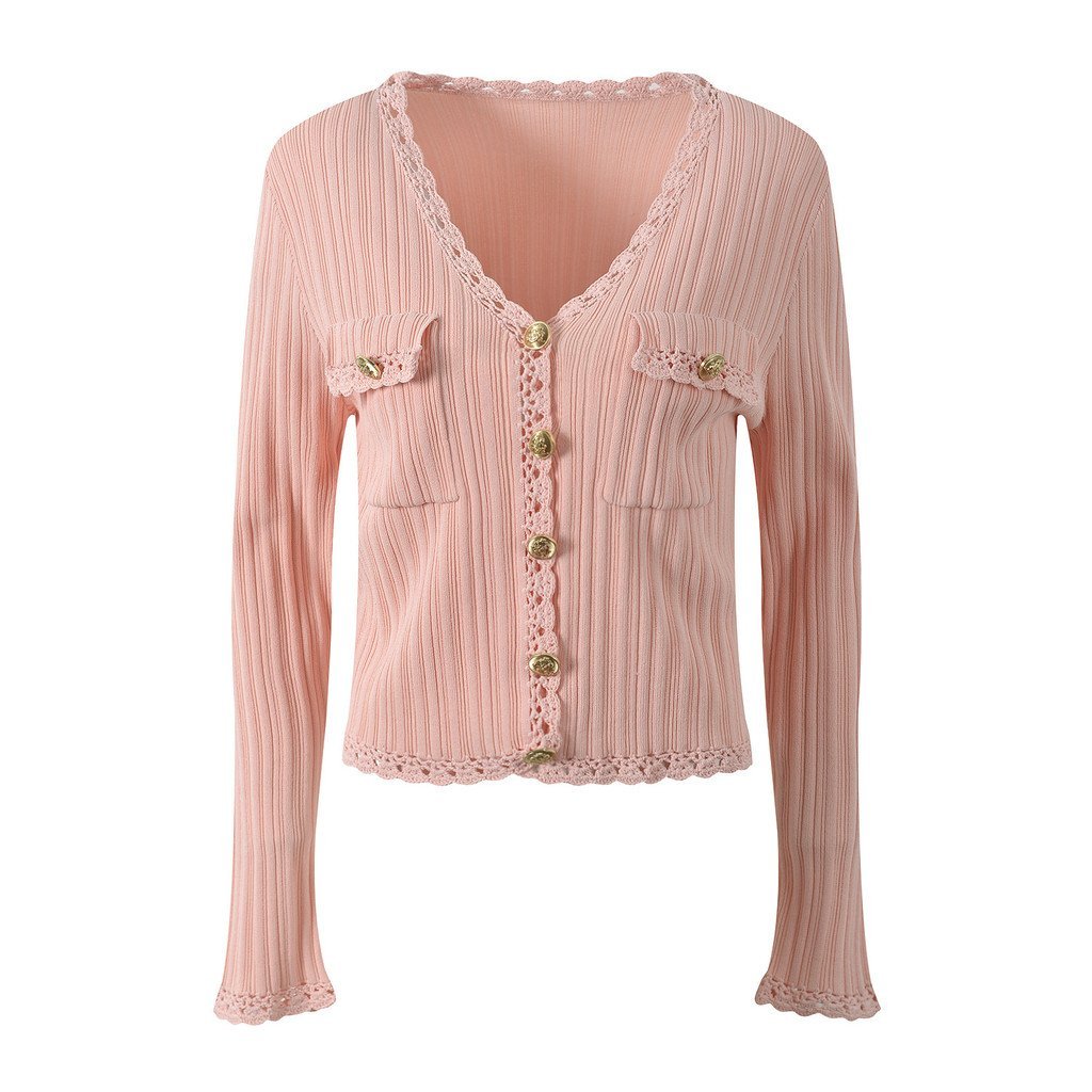 V คอ 2025 เสื้อสเวตเตอร์ถักฝรั่งเศสลดอายุฤดูใบไม้ผลิโครเชต์ด้านบนสไตล์อ่อนโยน Single-Breasted สไตล์ใ