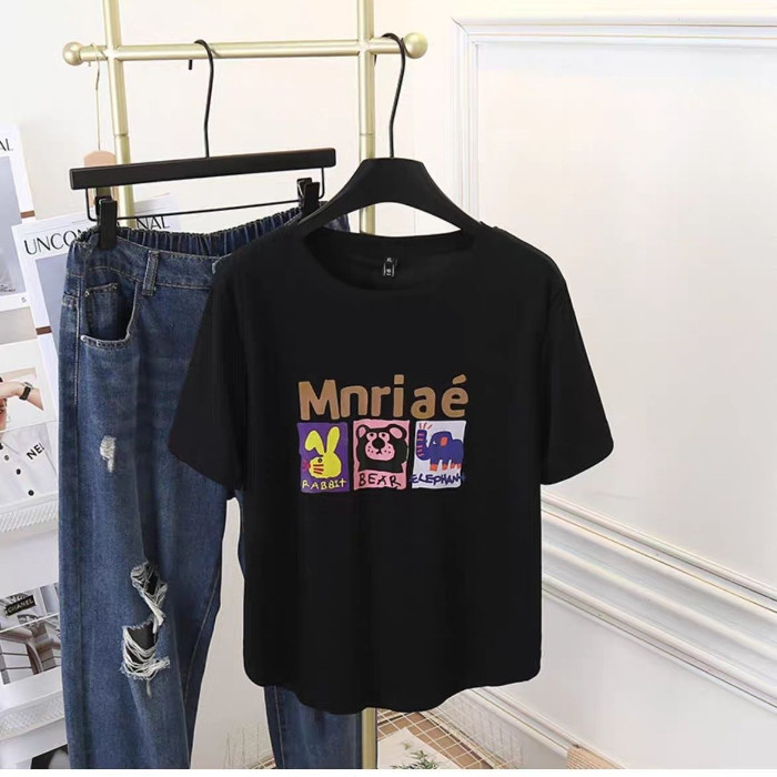 COD ขนาดใหญ่พิมพ์แขนสั้นเสื้อยืดผู้หญิง 2025 ฤดูร้อนสไตล์ใหม่ 150 กก.ไขมันมม.รอบคออายุลด All-Match ฝ