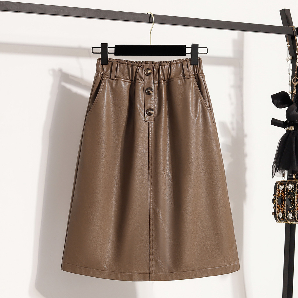 [40-105 กก.] กระโปรงหนังเวอร์ชั่นเกาหลีฤดูใบไม้ร่วงฤดูหนาวเอวสูงยาวปานกลางกระโปรงทรงเอสีดํา - รูปที่ 5