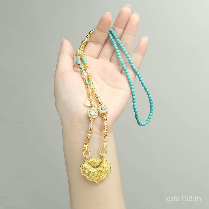 ยาว Ruyi ล็อคลูกปัด Clavicle Chain อุปกรณ์ตกแต่ง Hanfu โบราณโบราณหญิงสไตล์จีน Turquoise ใหม่สร้อยคอจ