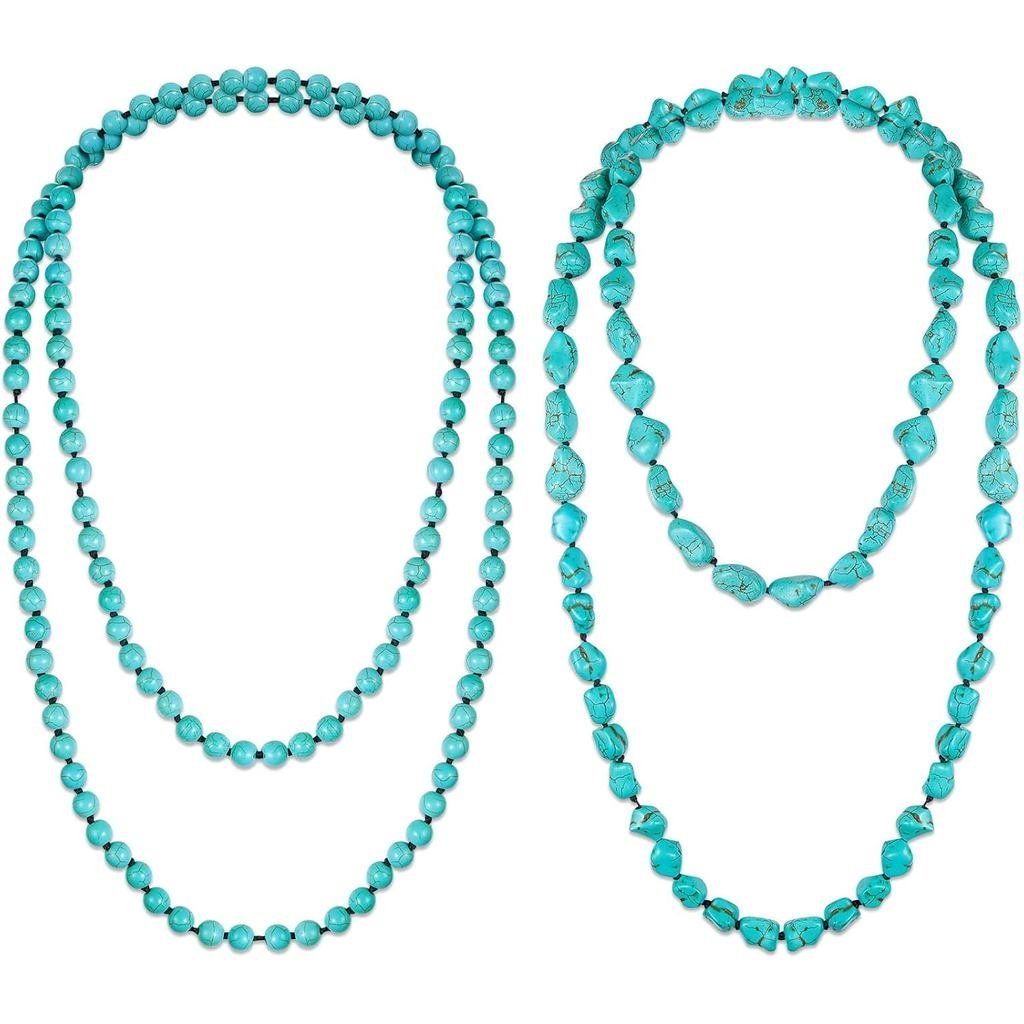 Henoyso 2 ชิ้น Turquoise ลูกปัดสร้อยคอ 47.5 นิ้วยาว Endless สร้อยคอ Multi Strand ชั้นผูกปมเครื่องประ