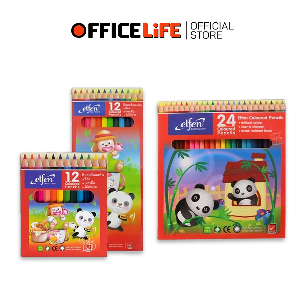 Elfen (เอลเฟ่น) สีไม้ ดินสอสี ขนาด 12 / 24 สี elfen รุ่น แท่งสั้น,แท่งยาว ( 1 กล่อง )