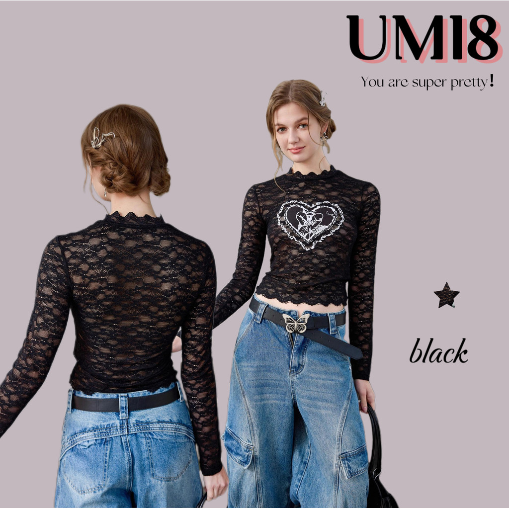 UMI8💝【ในสต็อก】💝เสื้อครอปแขนสั้นปักลายหัวใจลูกไม้สไตล์เรโทรอเมริกัน ดีไซน์ดั้งเดิม เสื้อยืดแขนยาวหวานเท่