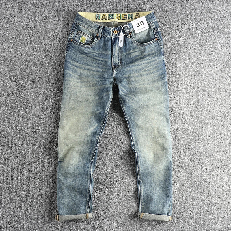 14oz เย็บปักถักร้อย High Street ล้างแมว Whiskers Denim กางเกงยีนส์ผู้ชายหลวม Fit เรียวตรงกางเกงอเนกป