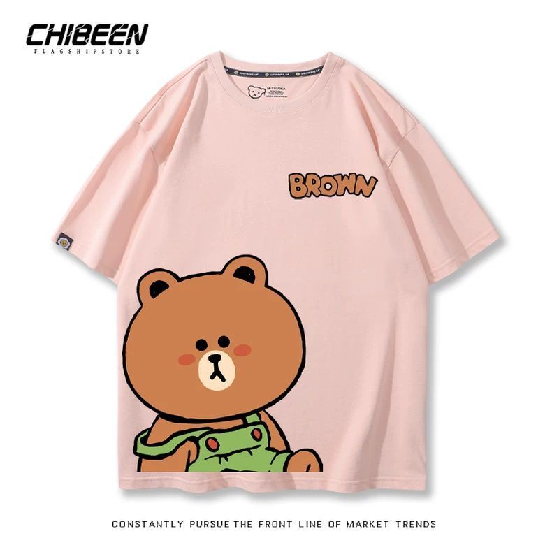 เสื้อยืดแขนสั้นลายการ์ตูน LINE FRIENDS ซีรีส์ หมีสีน้ำตาลและไก่แซลลี่ สำหรับผู้ชายและผู้หญิง คู่รัก ผลิตจากผ้าฝ้ายแท้