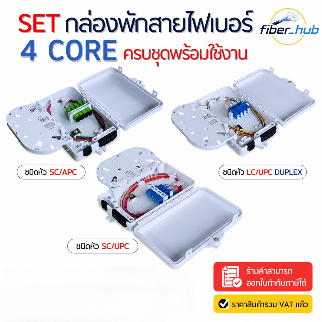 ชุดเซ็ต กล่องพักสายไฟเบอร์ออฟติก 4 Core ครบชุดพร้อมใช้งาน (SC/APC, SC/UPC, LC/UPC)