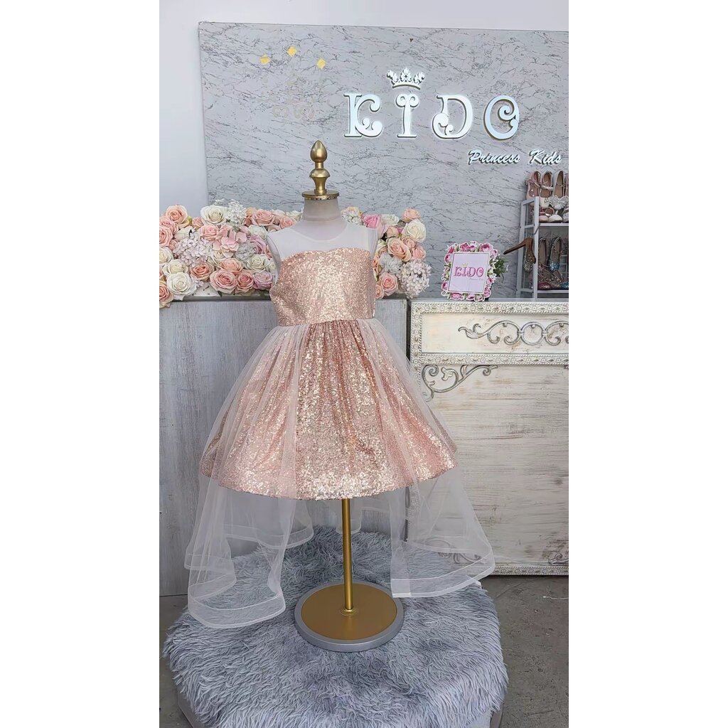 Kidoprincesskids ชุดราตรีเด็ก (ร้านอยู่รัชดา)ชุดออกงานเด็ก W19333 สีทอง กระโปรงสั้น มีหางยาว