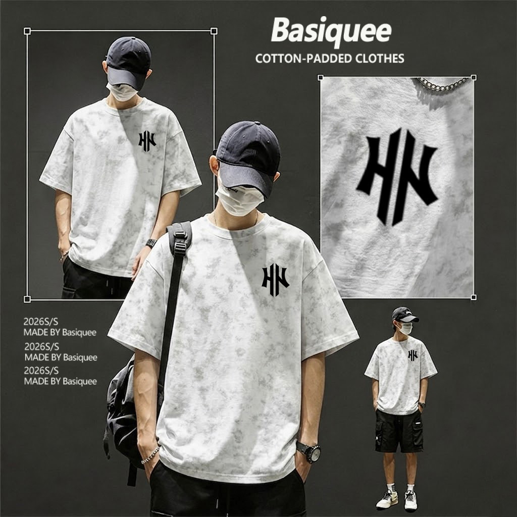 Basi💥เสื้อผู้ชาย เสื้อยืด oversize เสื้อฟอก วินเทจ สตรีท เกรดพรีเมียม เสื้อคอตตอน ไม่หดตัว ใส่สบาย ลาย "Hk"