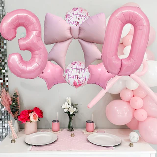 GeeParty ชุดลูกโป่งฟอยล์โบว์สีชมพู 7 ชิ้น พร้อมลูกโป่งตัวเลขสีชมพู 32 นิ้ว สำหรับงานเลี้ยงวันเกิดเด็กผู้หญิง