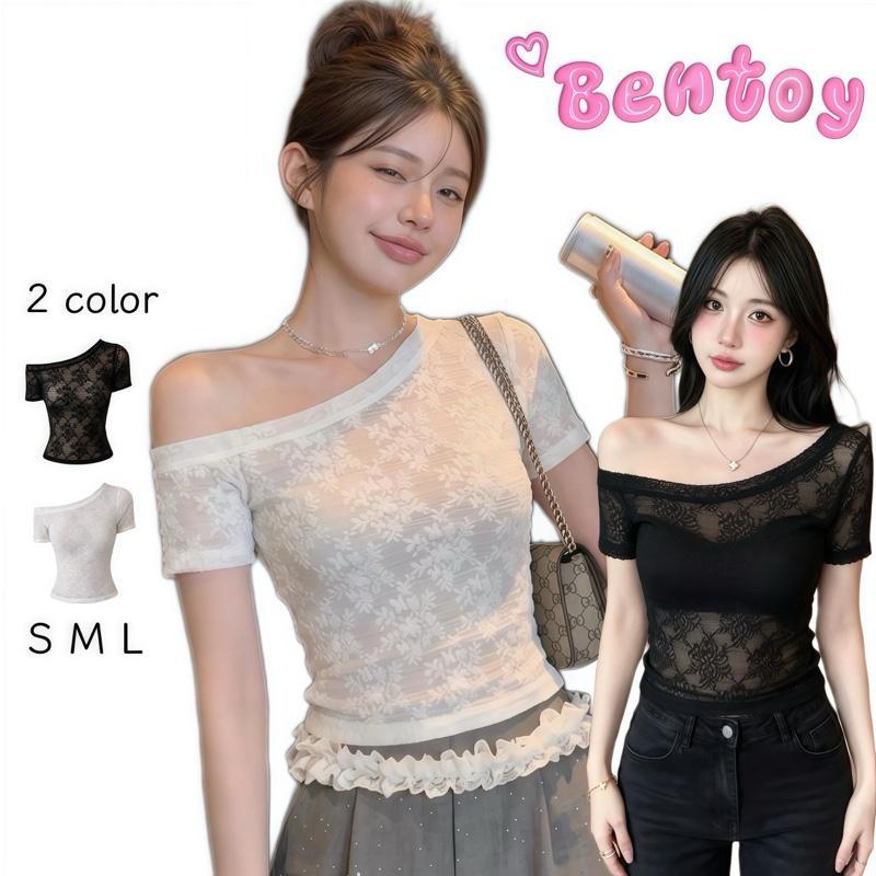 Bentoy 2231 พร้อมส่ง เสื้อลูกไม้แขนสั้นไหล่เฉียง ลายดอกไม้เซ็กซี่ งานดีดูแพง มีไซส์ให้เลือก