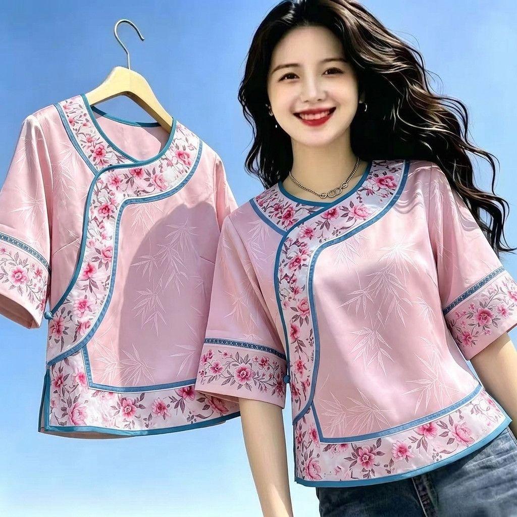 เสื้อยืดผู้หญิงลายดอก สไตล์จีน ไอซ์ซิลค์ แขนสั้น ทรงหลวม วินเทจ ใส่สบาย