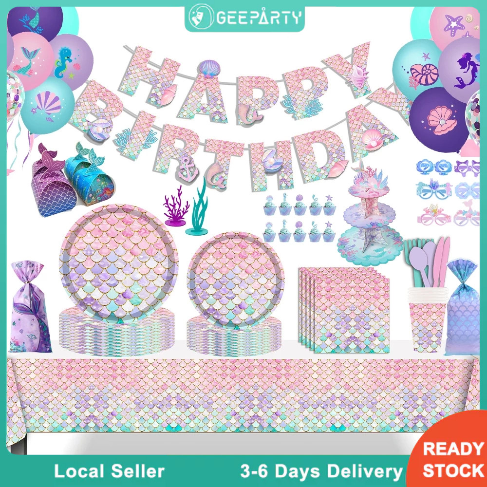 GeeParty ชุดอุปกรณ์บนโต๊ะธีมนางเงือก จานและแก้วใช้แล้วทิ้ง สำหรับตกแต่งงานวันเกิดเด็กผู้หญิง