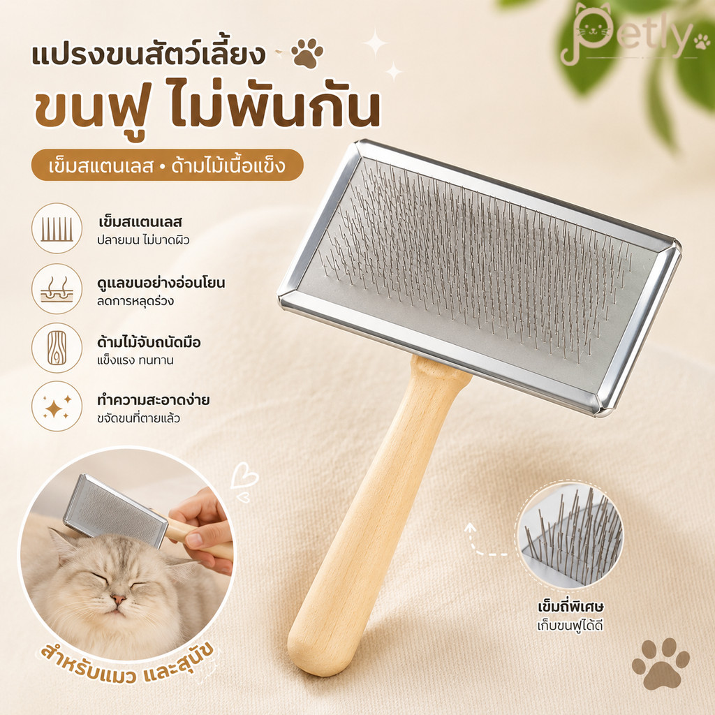 หวีแมวแปรงขนหมา ด้ามจับโลหะพรีเมียม สางสังกาด ขจัดขนร่วง นวดผ่อนคลาย ทำความสะอาดง่าย