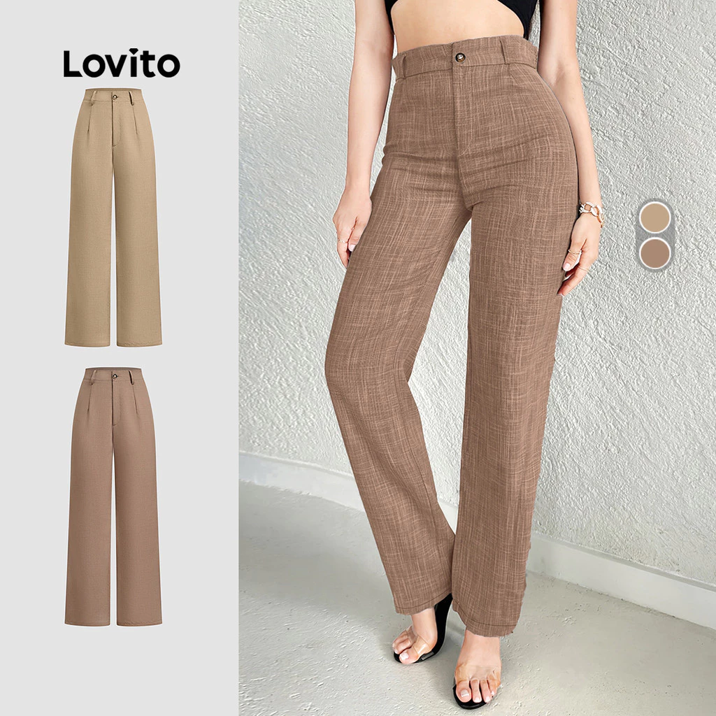Lovito กางเกงเรียบร้อยติดกระดุม สีคากี L158ED033