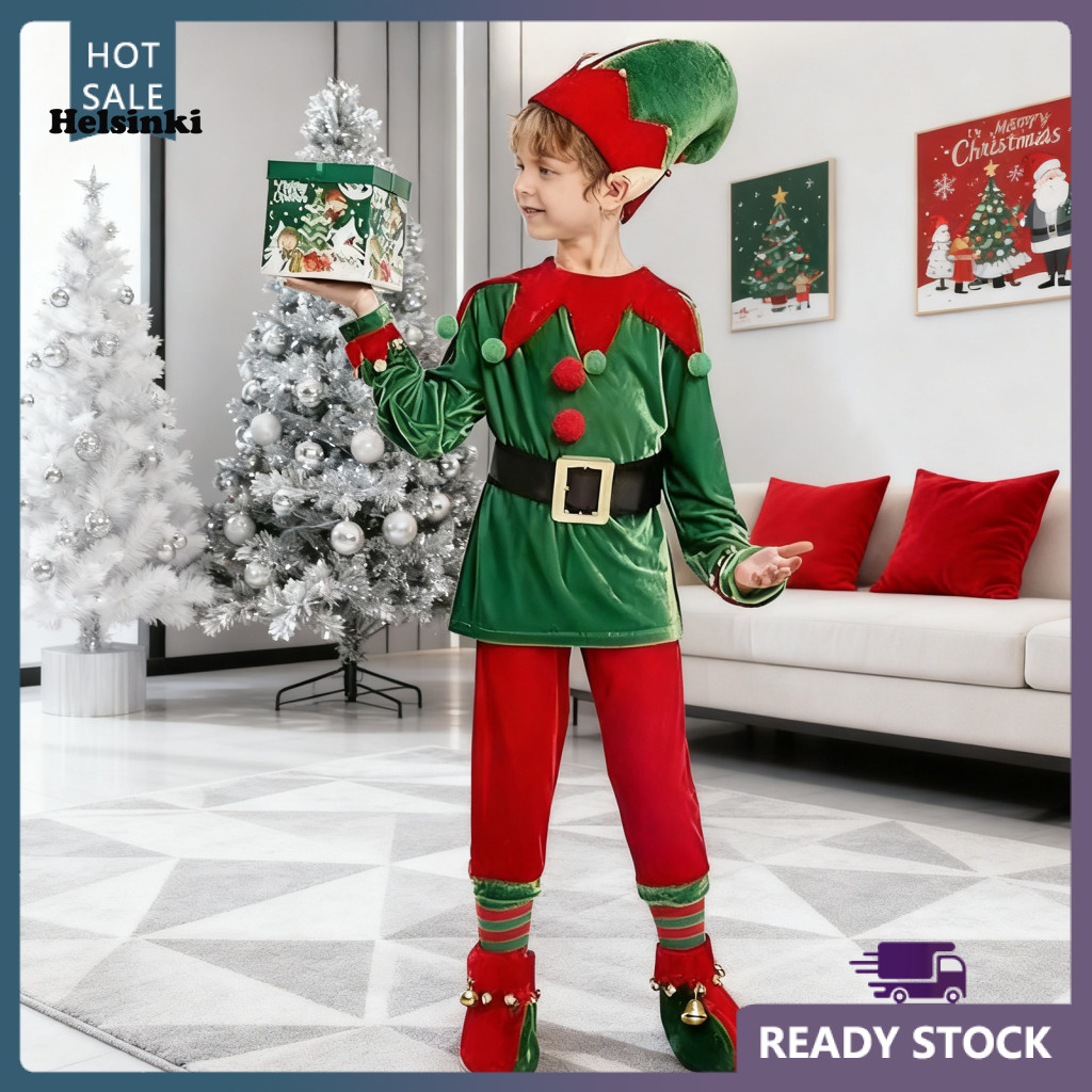 ชุดเครื่องแต่งกายเอลฟ์ HLS เข็มขัดสีทอง เบลล์ และชุดเอลฟ์สำหรับเด็ก พร้อมใช้งานในงานปาร์ตี้คริสต์มาส