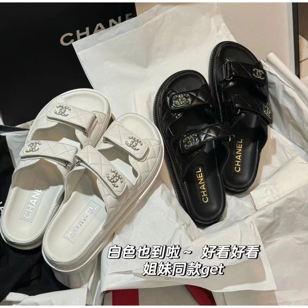 CHANEL CHANEL 2024ss สไตล์ล่าสุด CHANEL รองเท้าแตะผู้หญิงสวมใส่ด้านนอก CHANEL Velcro รองเท้าแตะครึ่ง