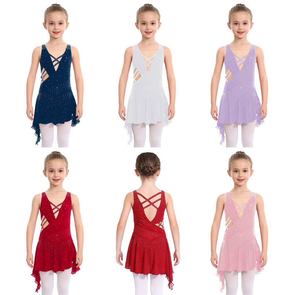 Yeahdor เด็กสาวเงา Rhinestones ชุดเต้นรํา Sheer ตาข่าย Patchwork แขนกุด Crisscross V-Back Side Slit ไม่สมมาตร Hem ชุด