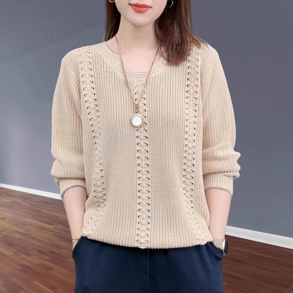 เสื้อกันหนาวแฟชั่นสตรีคอวีถักสไตล์สั้นฤดูใบไม้ผลิและฤดูใบไม้ร่วง ความสง่างาม ภายในด้านล่างด้านบนเสื้อสวมหัวผู้หญ