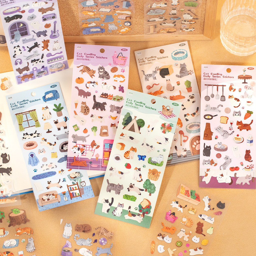 สติกเกอร์แมวน่ารัก 2 แผ่นสติกเกอร์สมุดภาพ Kawaii สติกเกอร์สําหรับสมุดภาพ Journal Planner ขวดแล็ปท็อปตกแต่ง