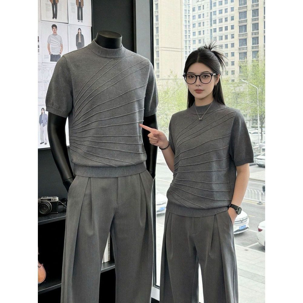 American Retro Loose-Line Sculpture Jacquard คอสั้นแขนเสื้อผู้ชายผู้หญิงฤดูร้อน Breathable All-Match