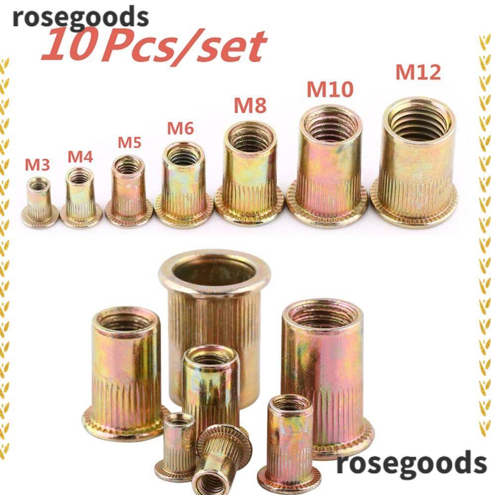 ROSEGOODS 10 ชิ้นหัวแบน Rivnut, ชุดเครื่องมือ M3 M4 M5 M6 M8 M10 M12 เหล็กคาร์บอน Rivnut, ทนทานเกลียว Rivet Metalworking อุปกรณ์เสริมใส่ถั่วหมวก Rivet Nut Home DIY